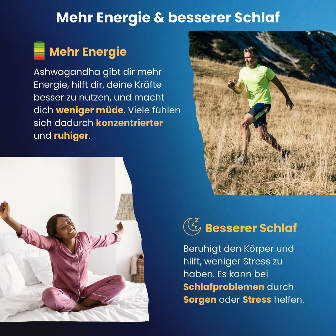 Infografik mit den Vorteilen der Ashwagandha-Gummies: Mehr Energie und besserer Schlaf. Links eine Frau, die sich auf einem Bett streckt, mit dem Text 'Mehr Energie' – Ashwagandha hilft, Müdigkeit zu reduzieren, Konzentration und Ruhe zu fördern. Rechts ein joggender Mann mit dem Text 'Besserer Schlaf' – Ashwagandha beruhigt, reduziert Stress und unterstützt bei Schlafproblemen.