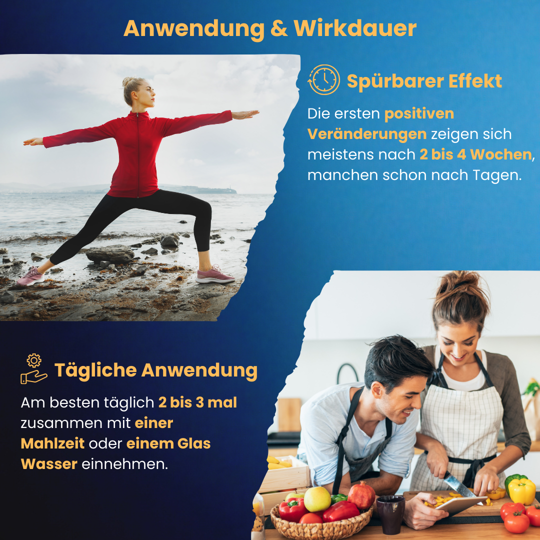 Infografik zur Anwendung und Wirkdauer der Ashwagandha-Gummies. Oben links eine Frau in einer Yoga-Pose am Strand mit dem Text 'Spürbarer Effekt' – erste positive Veränderungen treten meist nach 2 bis 4 Wochen ein, manchmal schon nach Tagen. Unten rechts ein Paar, das gemeinsam Gemüse schneidet, mit dem Text 'Tägliche Anwendung' – empfohlen 2 bis 3 Mal täglich mit einer Mahlzeit oder einem Glas Wasser einzunehmen.