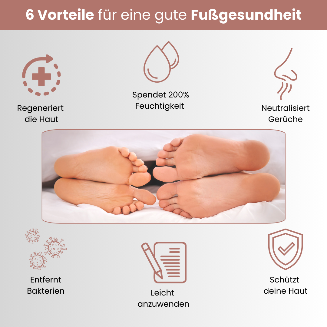 6 Vorteile der Fußmaske für gesunde Füße: Regeneriert die Haut, spendet 200 % Feuchtigkeit, neutralisiert Gerüche, entfernt Bakterien, schützt die Haut und ist leicht anzuwenden.