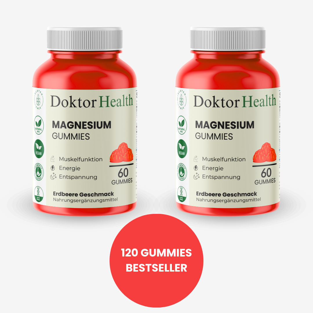 Doktor Health Magnesium Gummies – 120 Stück Vorrat. Bestseller Nahrungsergänzung mit Magnesium für Muskelentspannung, Energie und Wohlbefinden. Erdbeer-Geschmack, vegan & glutenfrei.
