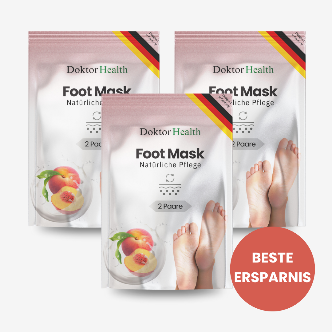 Darstellung eines Vorteilspakets der Doktor Health Foot Mask mit 3 Beuteln à 2 Paar – insgesamt 6 Paar Fußmasken für natürliche Pflege und intensive Erneuerung mit dem Hinweis „Beste Ersparnis.