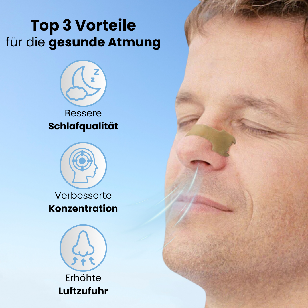 Top 3 Vorteile der Nasenstrips für eine gesunde Atmung: Bessere Schlafqualität, verbesserte Konzentration und erhöhte Luftzufuhr. Das Bild zeigt einen Mann, der ein Nasenpflaster trägt, um die Atmung zu erleichtern. Ideal für Menschen, die ihre Nasenatmung optimieren und ihr Wohlbefinden steigern möchten. Perfekt für Schlaf, Sport und Alltag.