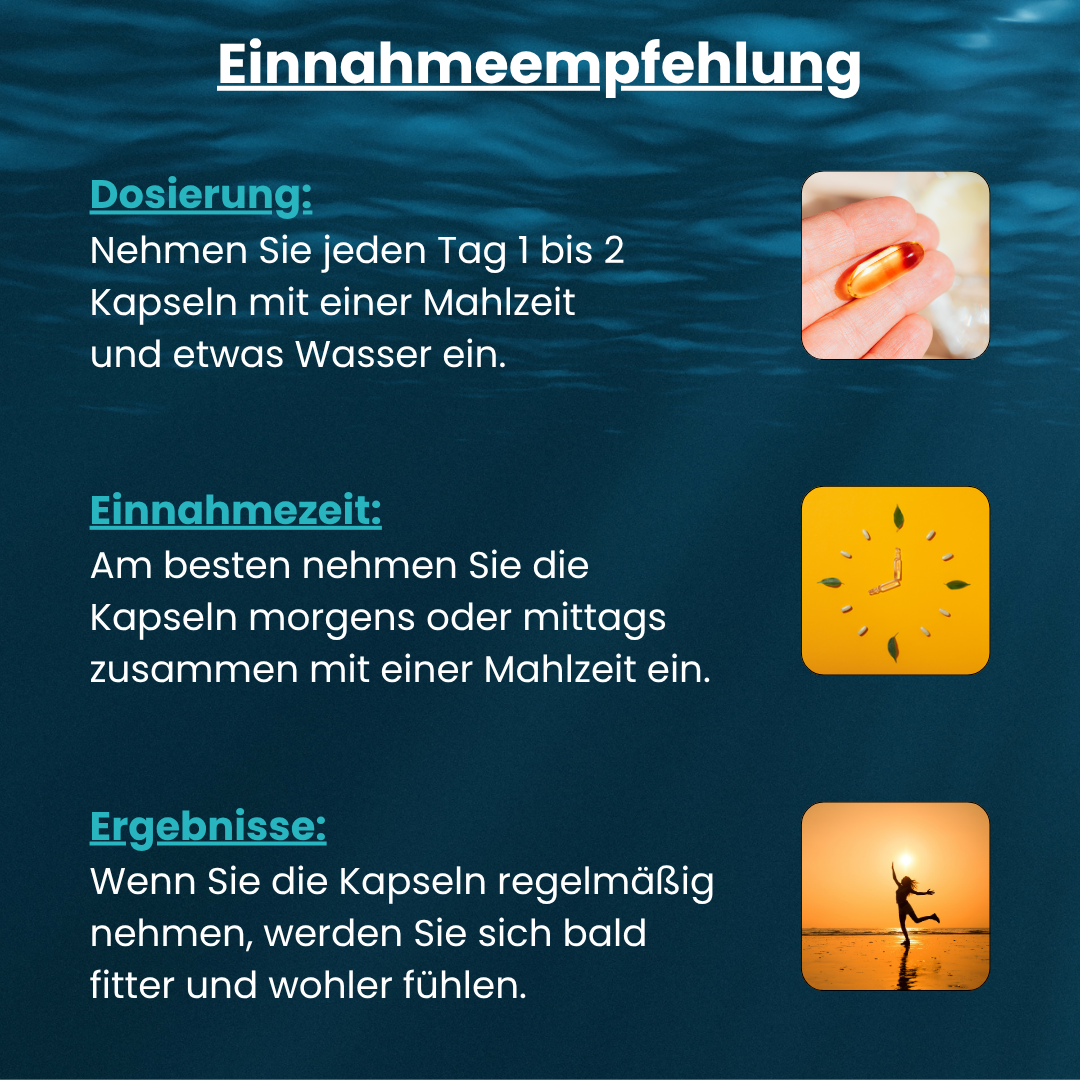 Einnahmeempfehlung für Omega‑3 Fischöl: täglich 1–2 Kapseln zu einer Mahlzeit einnehmen, am besten morgens oder mittags – für mehr Wohlbefinden & Energie.