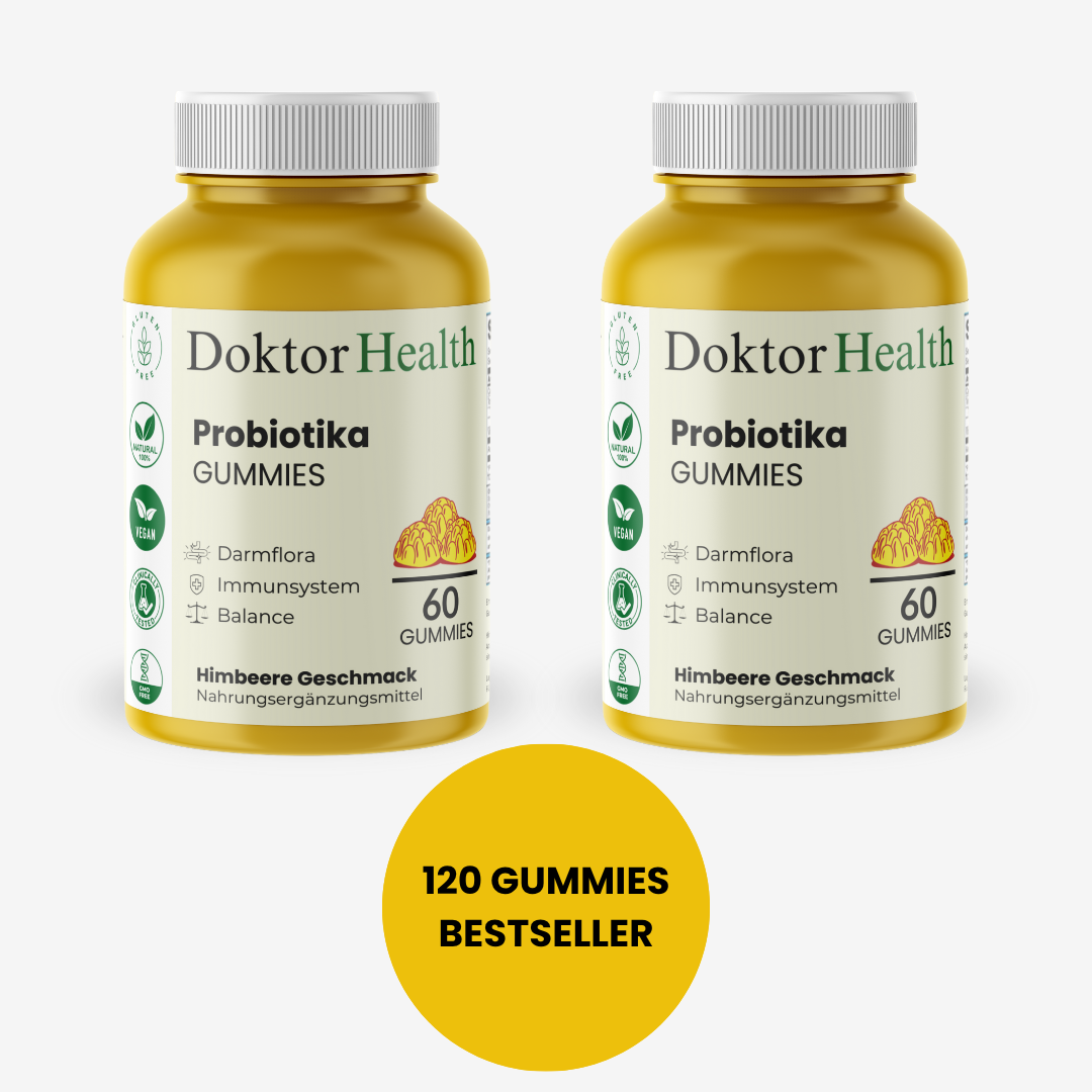Zwei Dosen Doktor Health Probiotika Gummies mit Himbeergeschmack – je 60 Stück für Darmflora, Immunsystem & Balance. Bestseller Vorteilspack mit 120 veganen Gummies für tägliches Wohlbefinden.