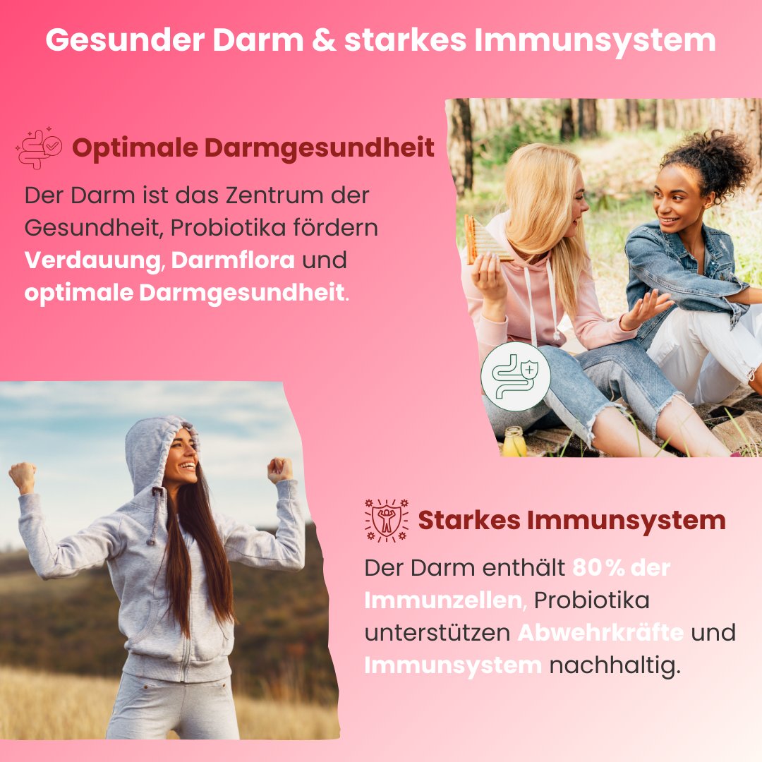 Infografik über die Vorteile von Doktor Health Probiotika Gummies für einen gesunden Darm und ein starkes Immunsystem. Links: optimale Darmgesundheit durch Förderung der Verdauung und Darmflora. Rechts: 80 % der Immunzellen sitzen im Darm, Probiotika stärken Abwehrkräfte und das Immunsystem nachhaltig. Mit Bildern von zwei sportlichen, gesunden Frauen in der Natur.
