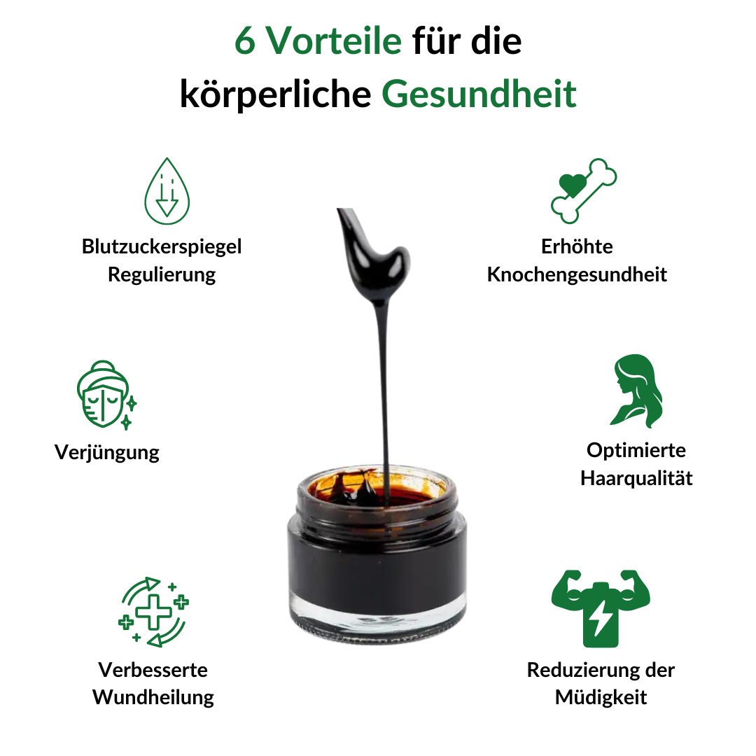Shilajit von Doktor Health – 6 Vorteile für die körperliche Gesundheit: Blutzuckerspiegel regulieren, Knochengesundheit stärken, Haarqualität optimieren, Verjüngung, verbesserte Wundheilung und Reduzierung von Müdigkeit.