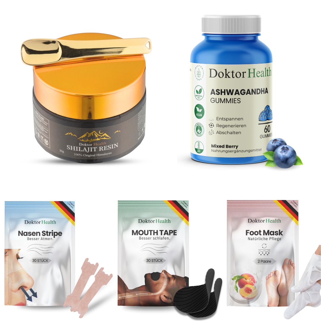 Doktor Health Produktvielfalt: Shilajit Resin, Ashwagandha Gummies, Nasenstrips, Mouth Tape und Fußmaske. Hochwertige Nahrungsergänzung und Wellness-Produkte für mehr Energie, Entspannung, bessere Atmung und Hautpflege.