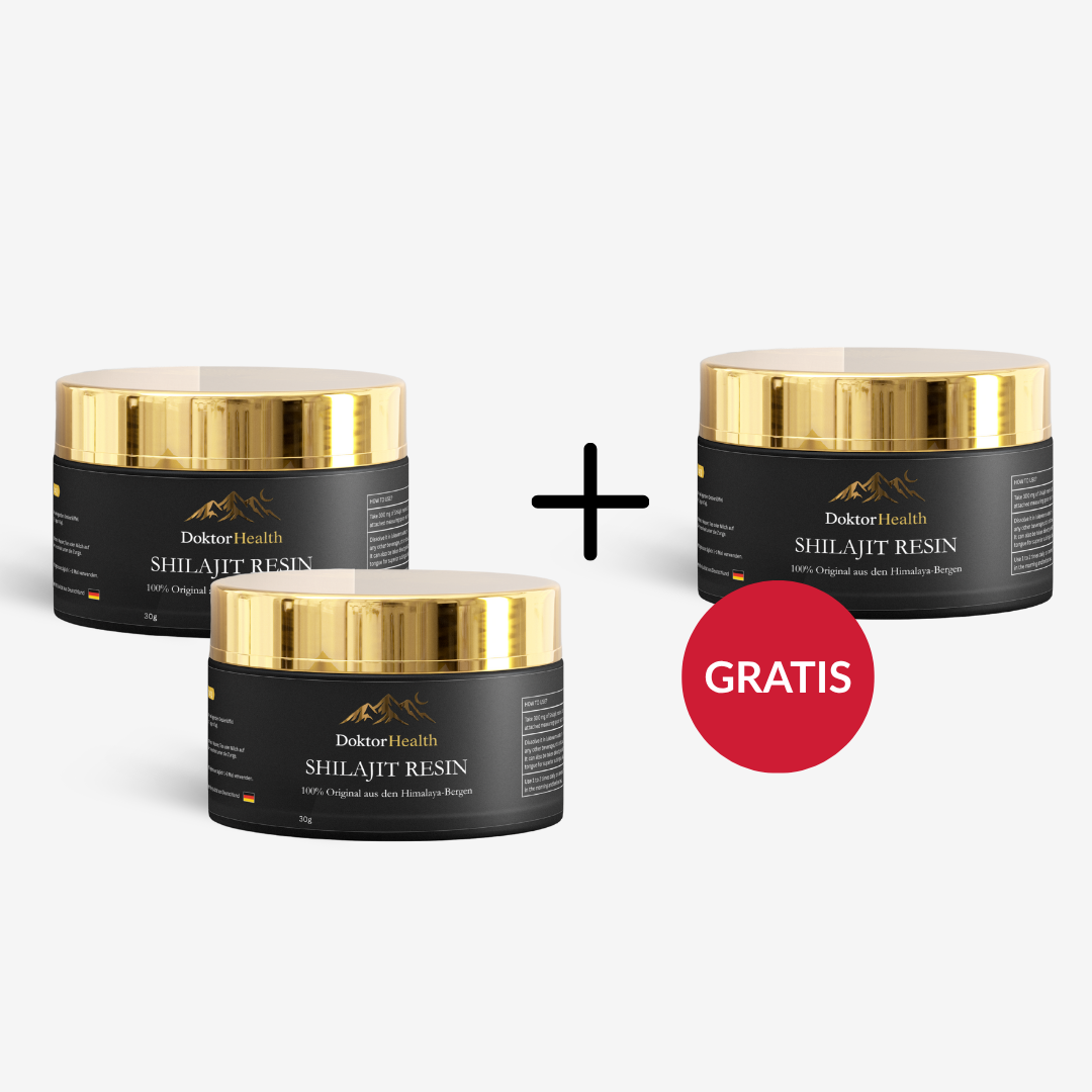 Doktor Health Shilajit Resin Vorteilspaket, 3 Dosen zum Preis von 2 – hochwertige Glasdosen mit goldenem Deckel, 100 % Original aus den Himalaya-Bergen, natürliches Harz für Energie und Vitalität.