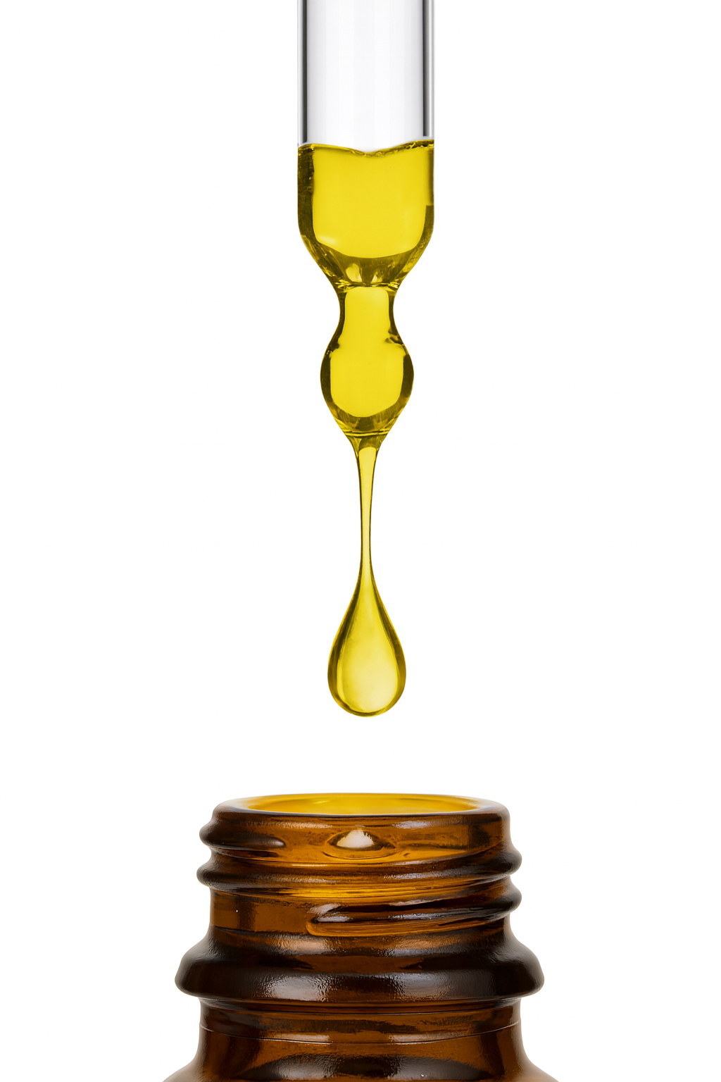 Gelbe Tropfen Vitamin D3 + K2 aus Pipette in braune Glasflasche, hochdosiertes Nahrungsergänzungsmittel für Knochen, Immunsystem und Herz-Kreislauf.