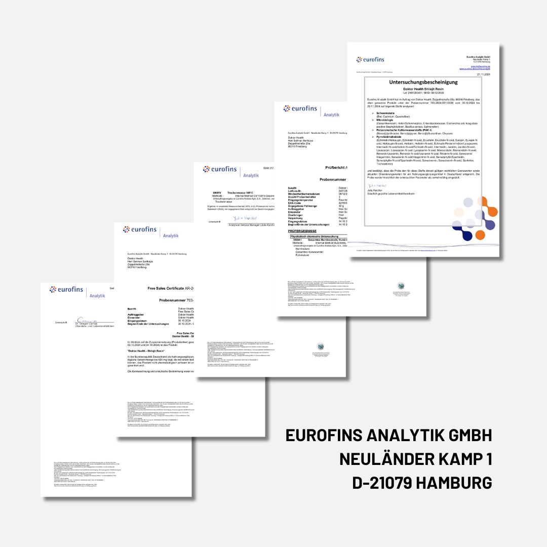 Laborzertifikate von Eurofins für Doktor Health Shilajit, geprüfte Reinheit, Qualität und Sicherheit nach deutschem Standard.