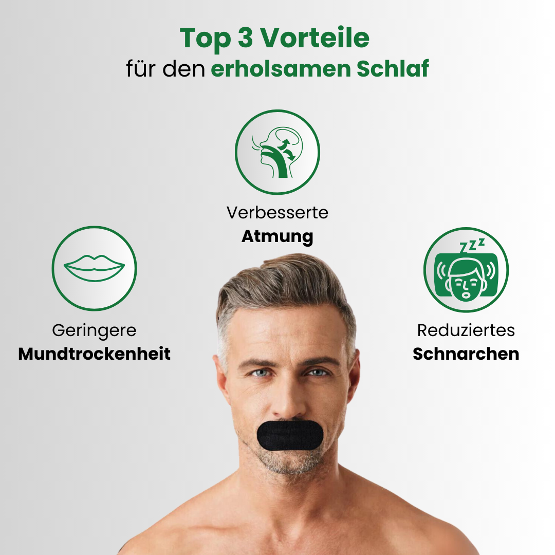 Top 3 Vorteile von Mouth Tape: verbesserte Atmung, geringere Mundtrockenheit und reduziertes Schnarchen – ideal für erholsamen Schlaf und eine gesunde Nasenatmung.