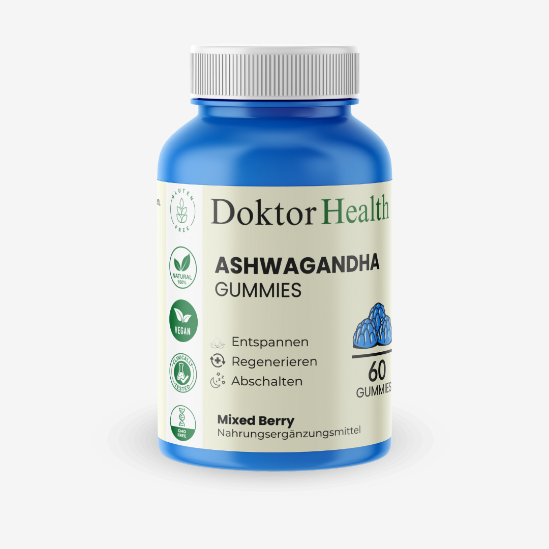 Ashwagandha Gummies von Doktor Health in blauer Dose mit 60 Gummies, Mixed Berry Geschmack, vegan, glutenfrei, natürliche Zutaten, zur Unterstützung von Entspannung, Regeneration und Stressabbau.