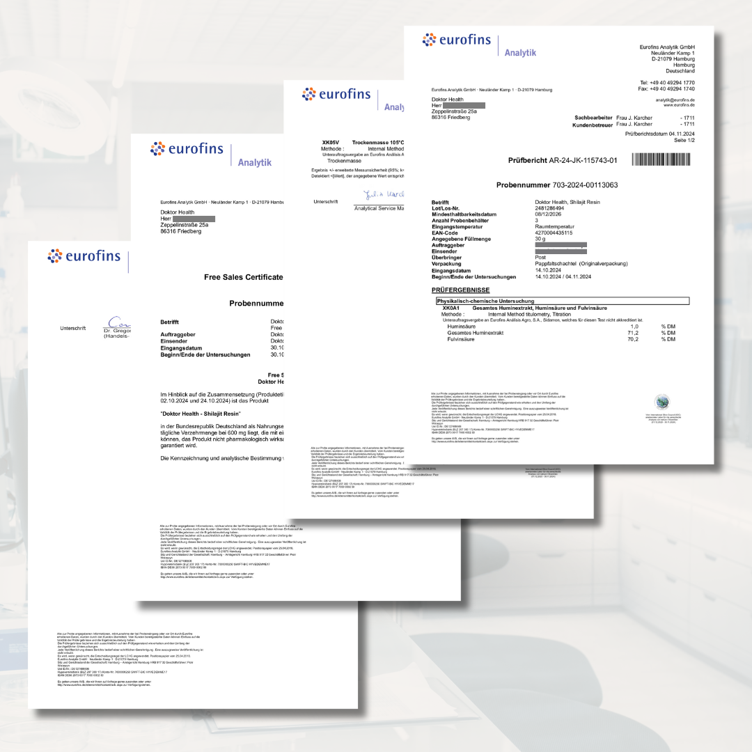 Laborzertifikate und Prüfberichte von Eurofins für Doktor Health Produkte. Offizielle Analysen und Testergebnisse zur Qualität und Sicherheit, einschließlich physikalisch-chemischer Untersuchungen. Vertrauen durch geprüfte Laborstandards.