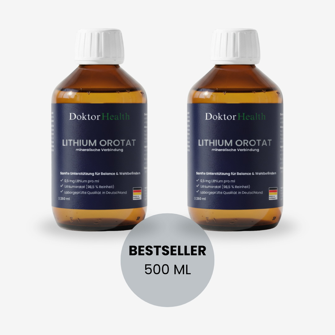 Zwei Flaschen Doktor Health Lithium Orotat – 500 ml Vorrat für mentale Balance, Wohlbefinden und innere Ruhe. Bestseller mit 0,5 mg Lithium pro ml in pharmazeutischer Qualität.
