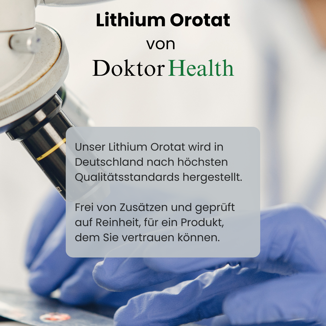 Laborgeprüftes Doktor Health Lithium Orotat mit höchster Reinheit und ohne Zusatzstoffe, hergestellt in Deutschland nach pharmazeutischen Qualitätsstandards.