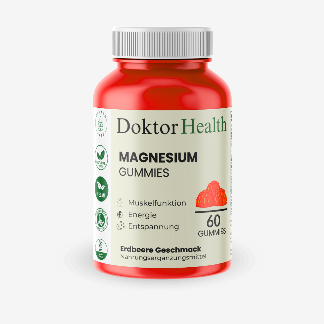 Doktor Health Magnesium Gummies mit Erdbeergeschmack – vegane Nahrungsergänzung für Muskelfunktion, Energie und Entspannung, 60 Stück, glutenfrei und ohne künstliche Zusätze.
