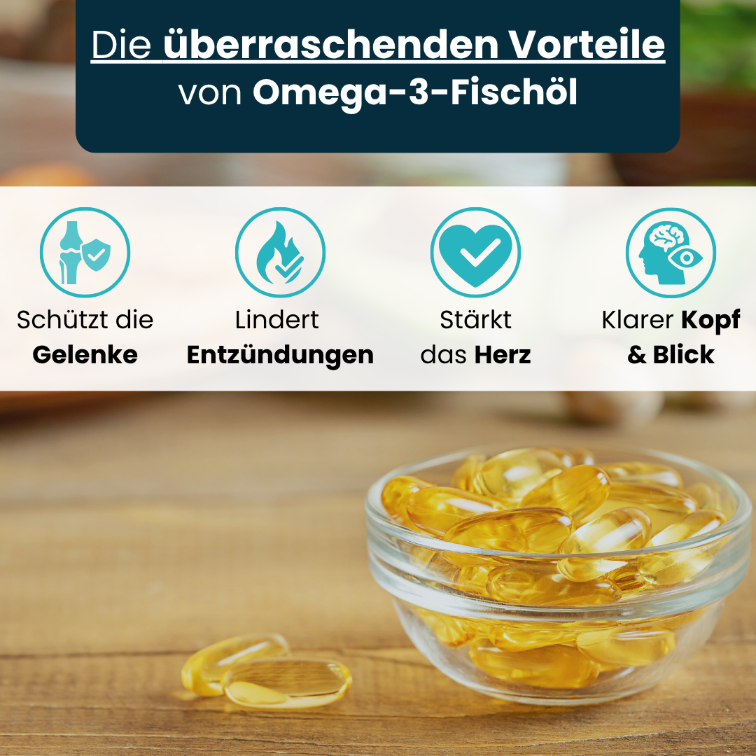 Omega-3-Fischöl bietet überraschende Vorteile für Gesundheit und Wohlbefinden, schützt Gelenke, lindert Entzündungen, stärkt das Herz und unterstützt Konzentration und Sehkraft. Ideal für einen aktiven, gesunden Lebensstil.