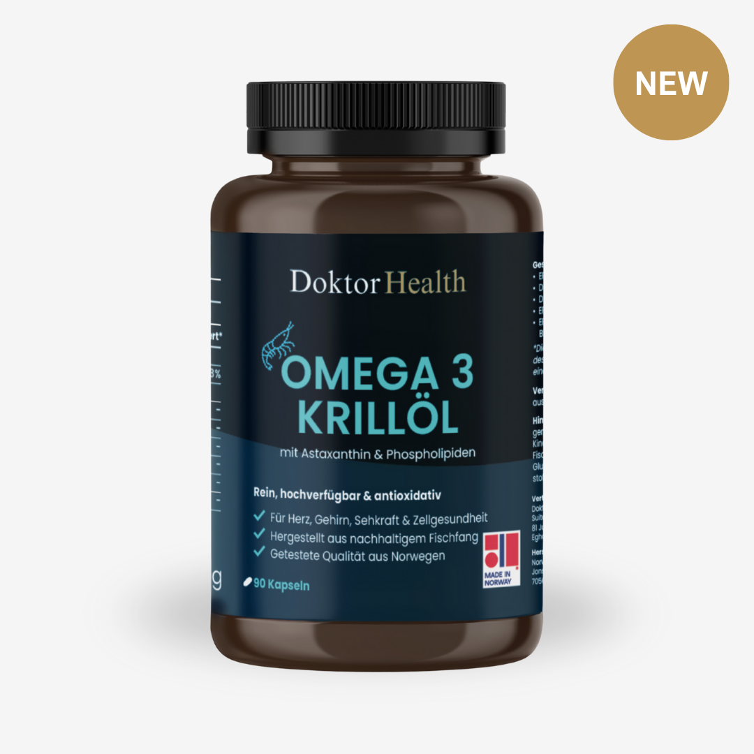 Doktor Health Omega-3 Krillöl – Hochverfügbare Kapseln mit Astaxanthin und Phospholipiden zur Unterstützung von Herz, Gehirn & Zellschutz. Nachhaltig, laborgeprüft & Made in Norway.