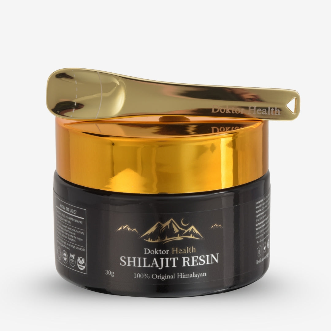 Doktor Health Shilajit Resin mit goldenem Dosierlöffel – hochwertiges Himalaya-Harz, inklusive Gratis-Löffel im Wert von 9,99 € zur einfachen Einnahme.