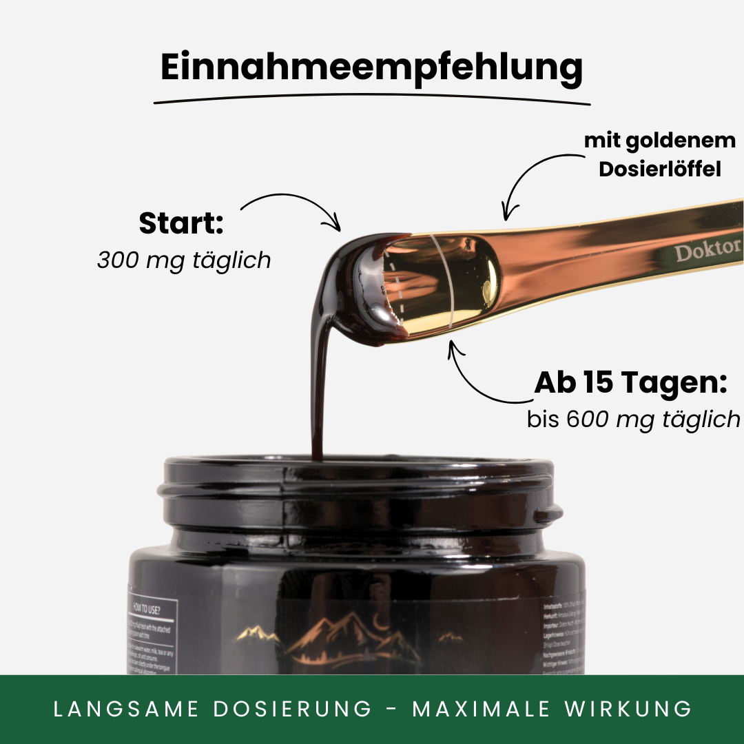 Einnahmeempfehlung für Doktor Health Shilajit Resin mit goldenem Dosierlöffel 300 mg Startdosis, 600 mg ab Tag 15, langsame Dosierung für maximale Wirkung.