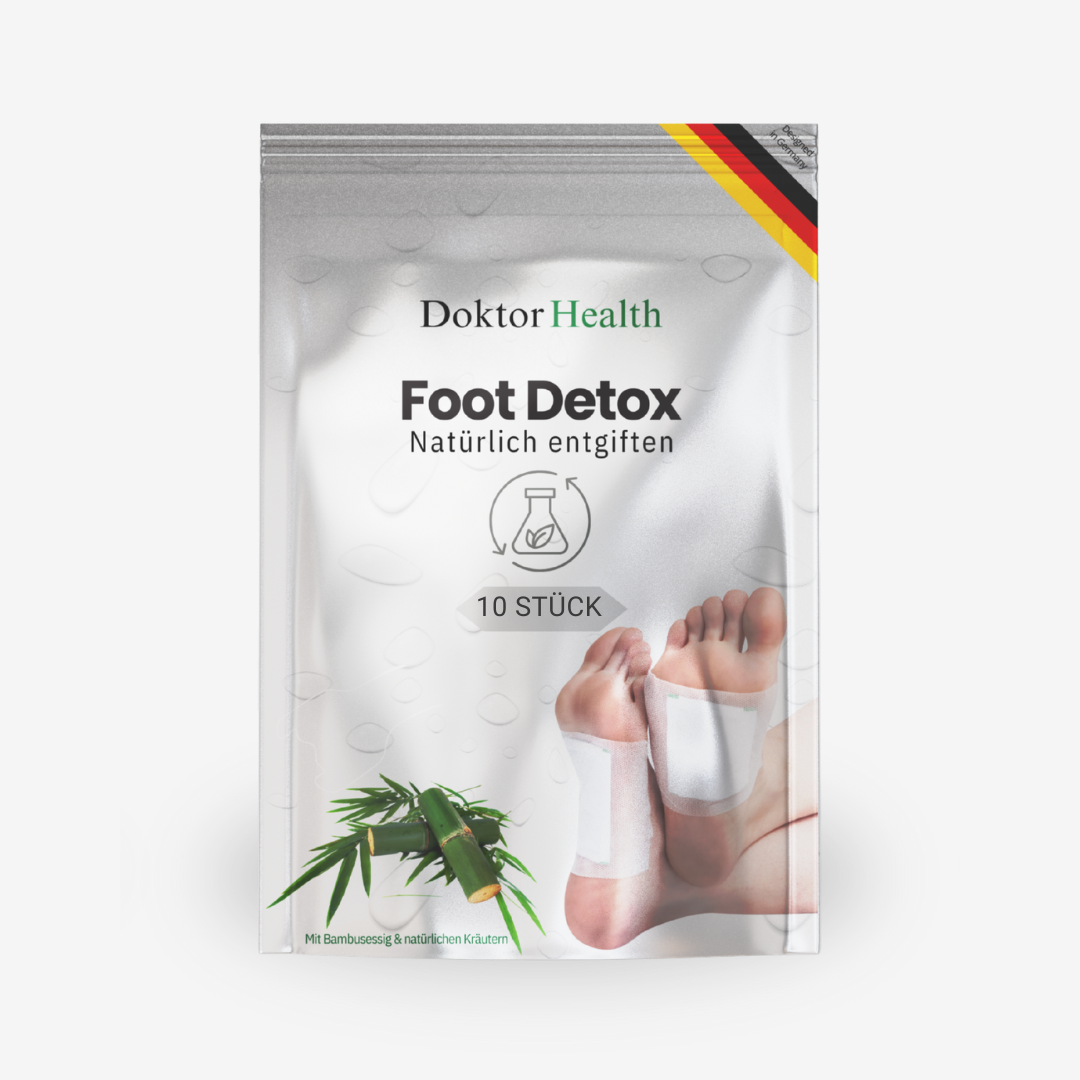 Doktor Health Foot Detox Pflaster mit Bambusessig und natürlichen Kräutern zur sanften Entgiftung über die Füße, 10 Stück im praktischen Beutel.
