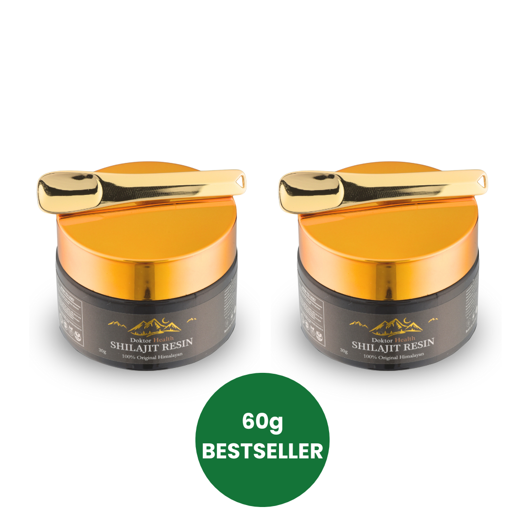 Doktor Health Shilajit Resin 2er-Pack – Bestseller für maximale Energie und Vitalität. Enthält zwei Gläser à 30g hochwertiges, 100 % originales Himalaya Shilajit, reich an über 85 Mineralien und Fulvinsäure. Inklusive goldener Dosierlöffel für präzise Anwendung. Ideal zur Unterstützung von Ausdauer, geistiger Klarheit und allgemeinem Wohlbefinden. Perfekt für den täglichen Gebrauch und langanhaltende Ergebnisse.
