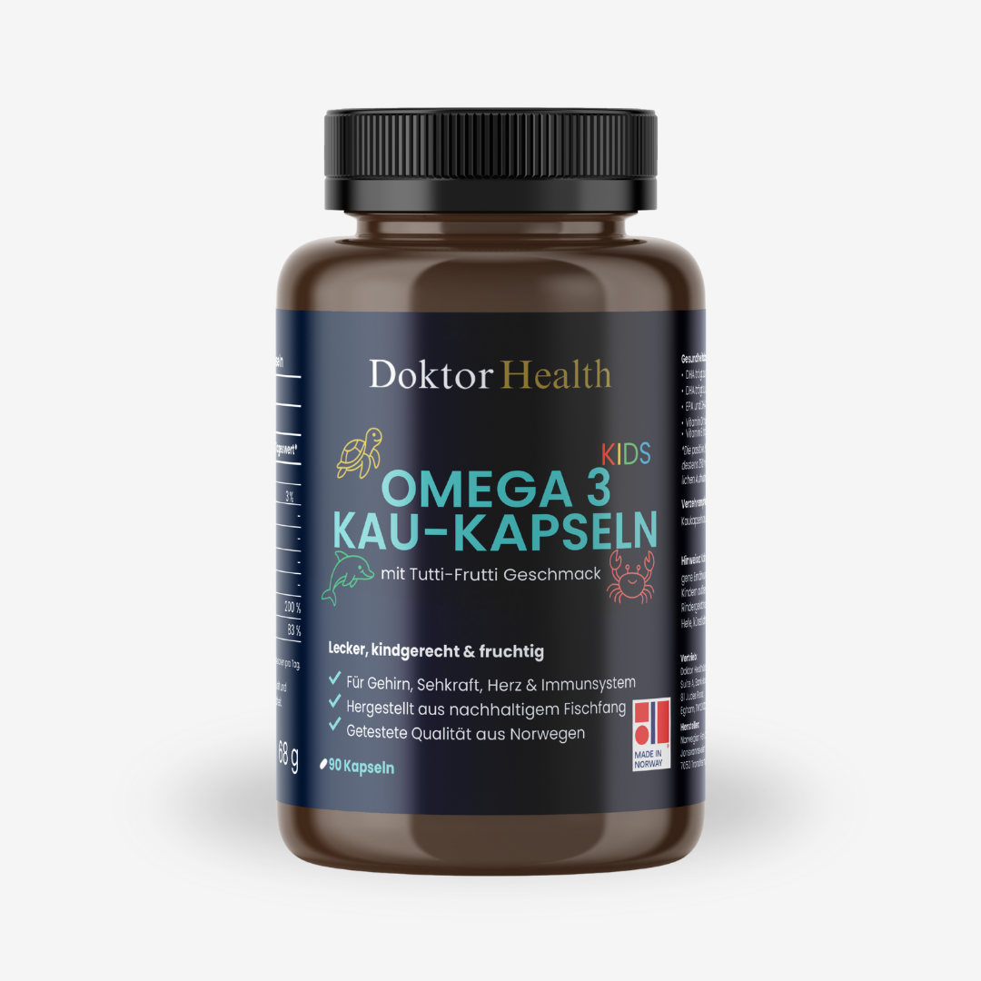 Doktor Health Omega 3 Kaukapseln für Kinder – fruchtiger Tutti-Frutti-Geschmack, unterstützt Gehirn, Sehkraft & Immunsystem.