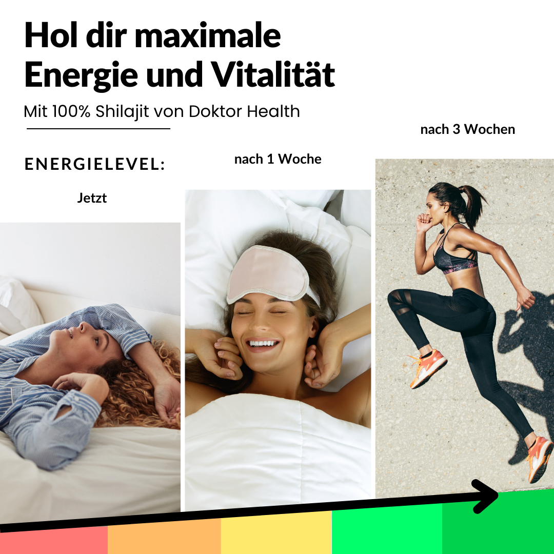Steigerung der Energie und Vitalität durch Shilajit von Doktor Health, sichtbar nach 1 und 3 Wochen.